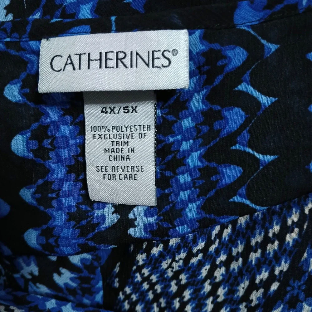 Catherines Women Fringe Tunic Top 4X 5X Blue Geometric Bohemian Sheer Coverup